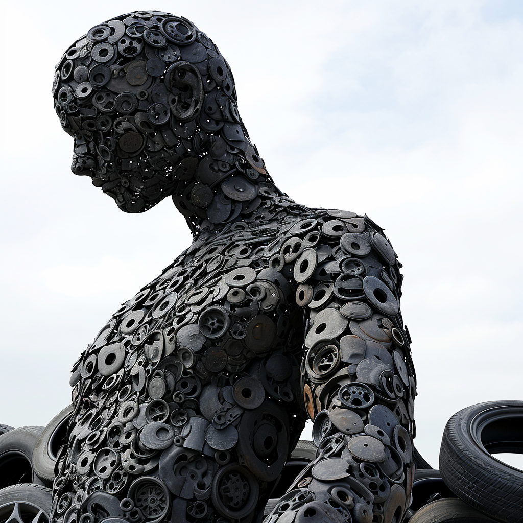 Man made of car wheels