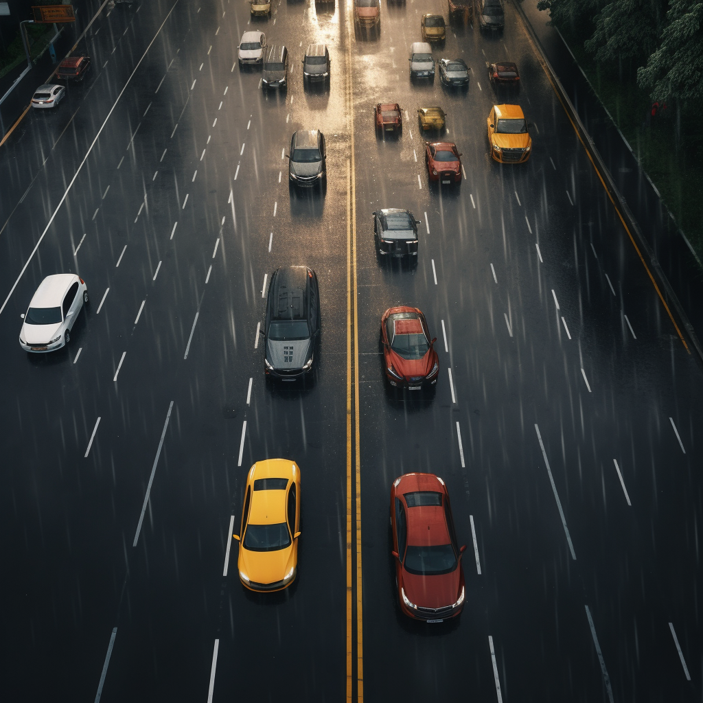 Car speeding and changing lanes in extreme traffic