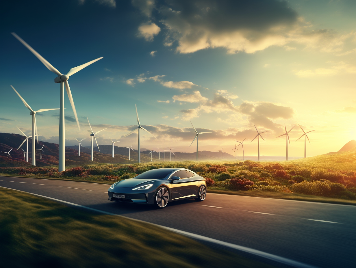 Electric car driving on mountain road with wind turbines