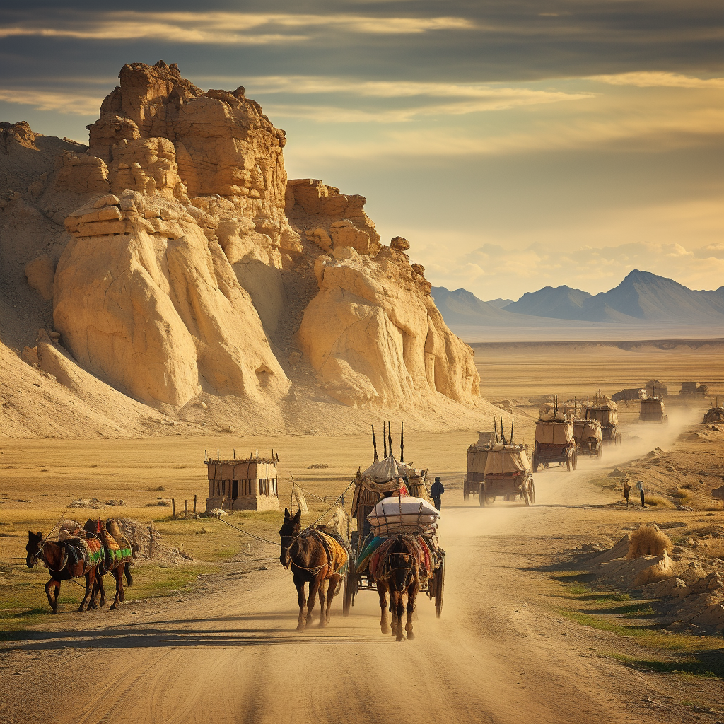 Caravan Moving on Silk Road Ancient Central Asian City Background