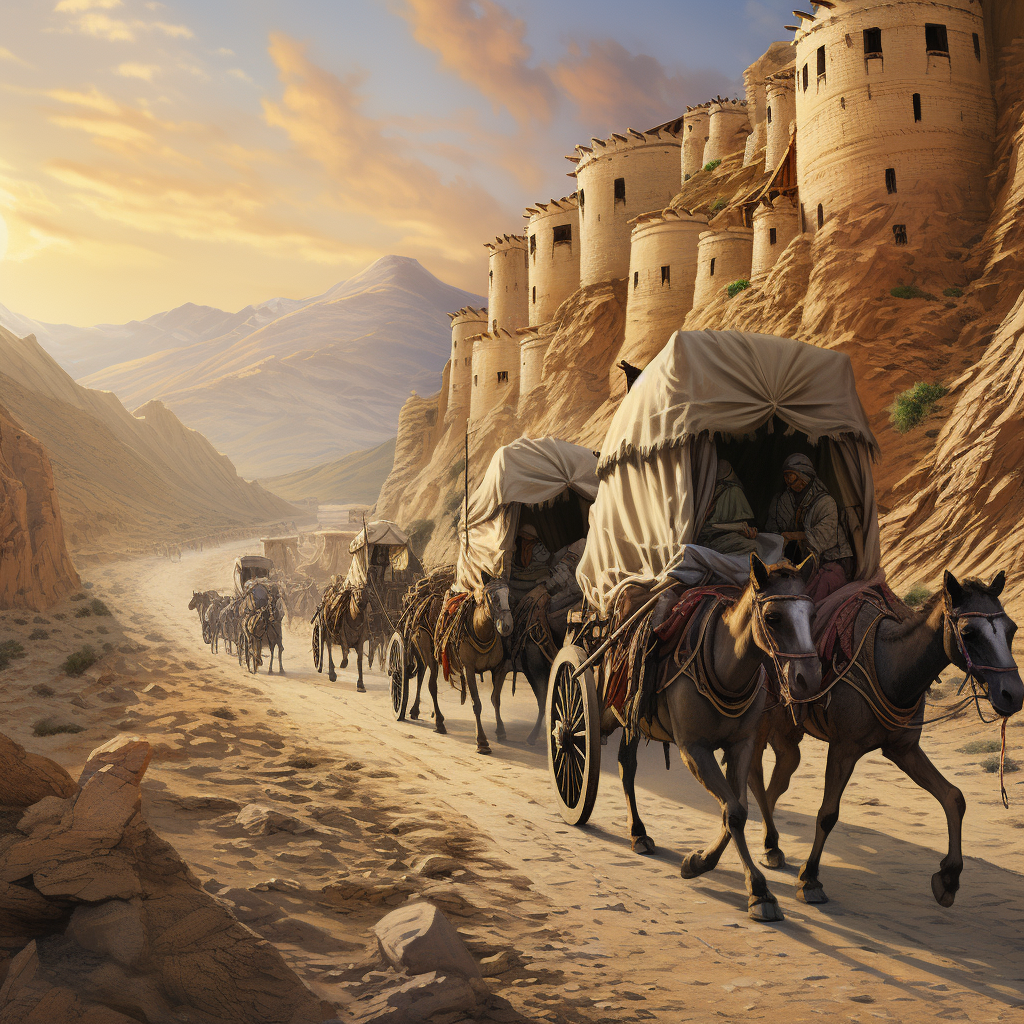 Caravan on Silk Road with Ancient Madrasah