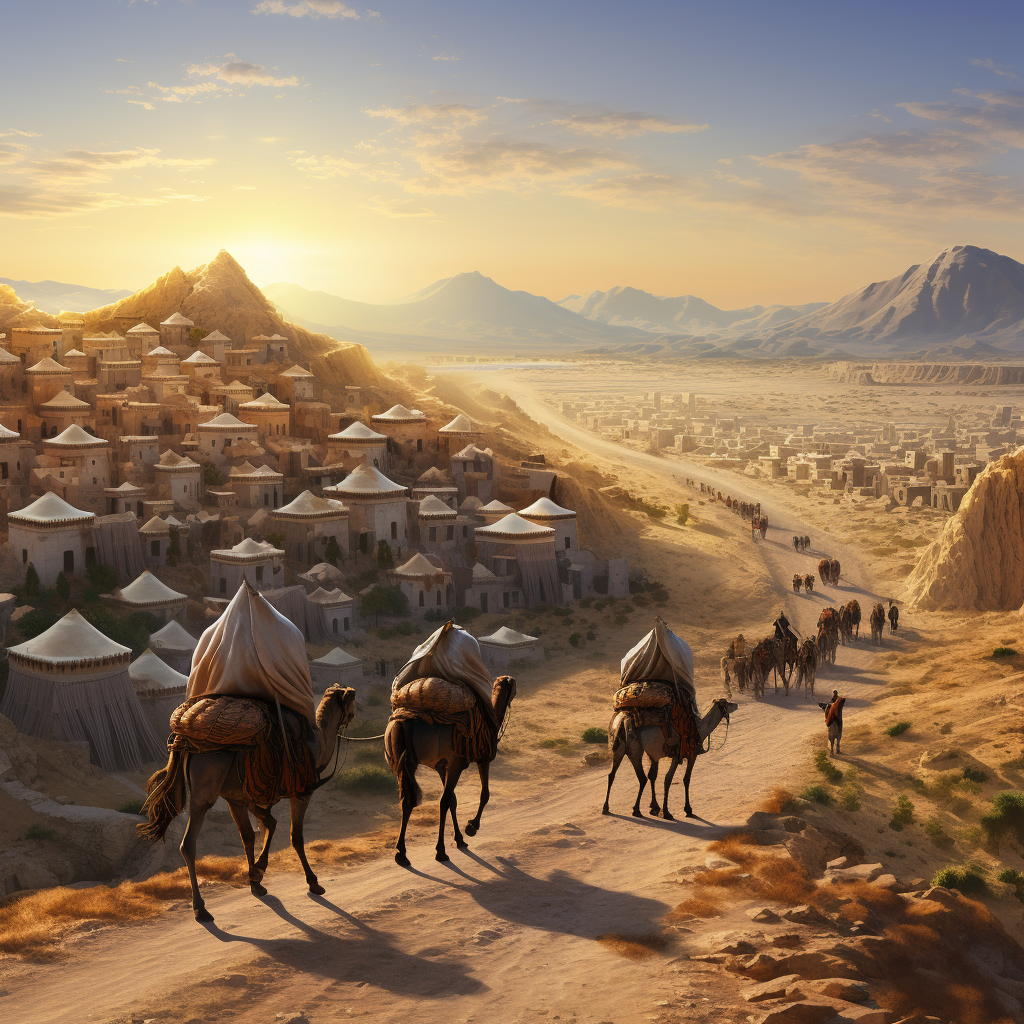 Caravan on the Silk Road with Ancient Central Asian City