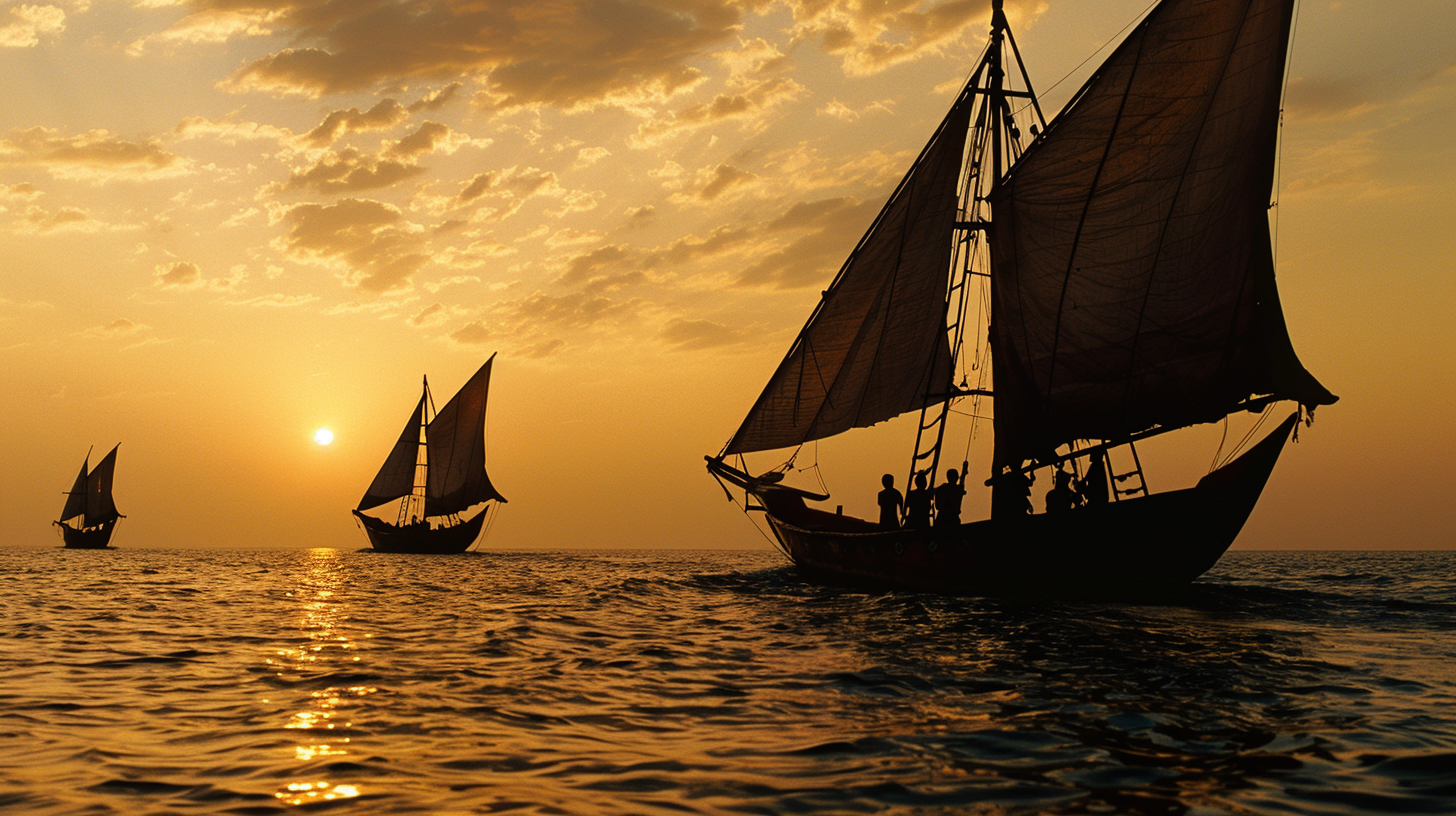 Caravel sailing in coastal waters of India