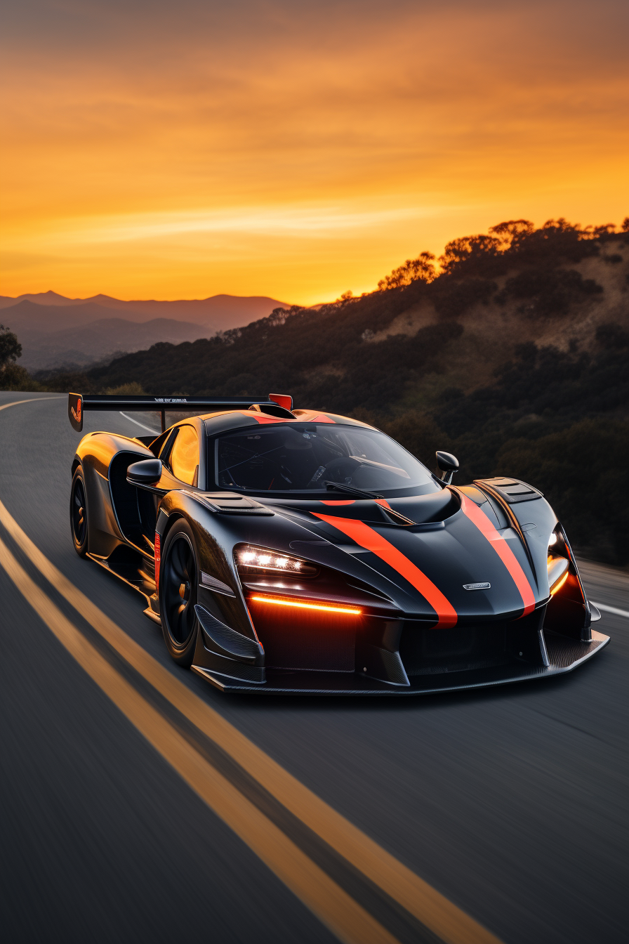 Carbon Fiber McLaren Senna GTR driving on windy road