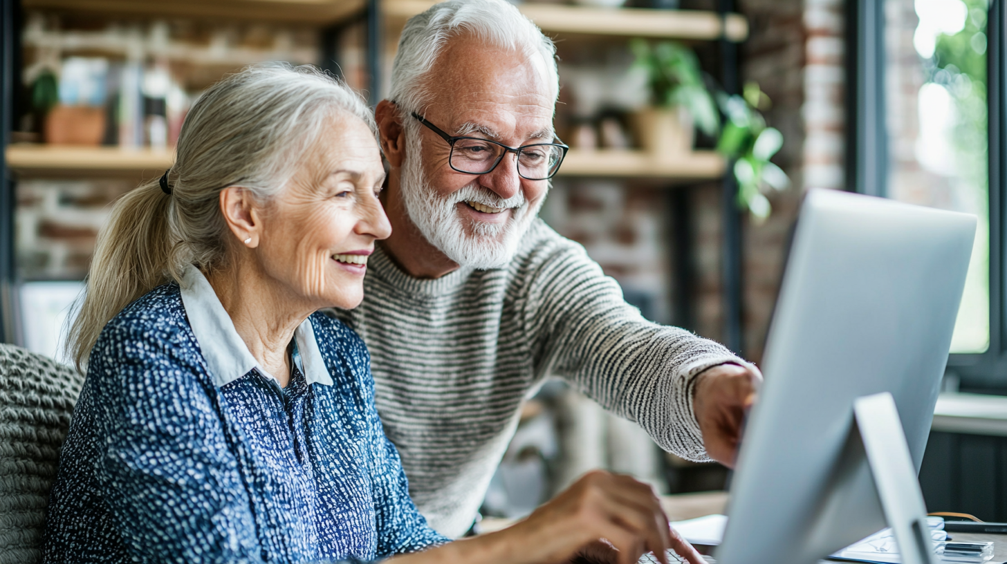 Caregiver and elderly person smiling at computer