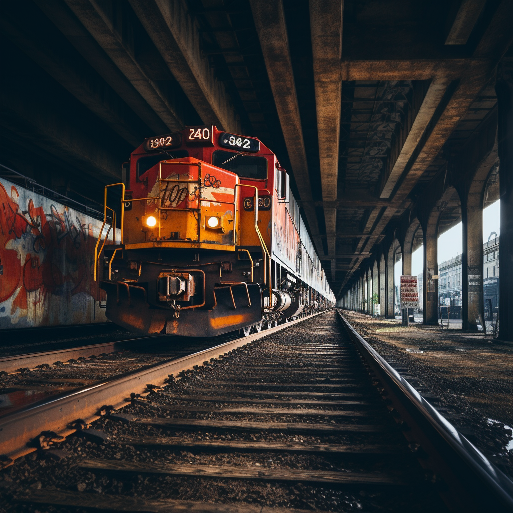 Cargo train crossing overpass switching tracks