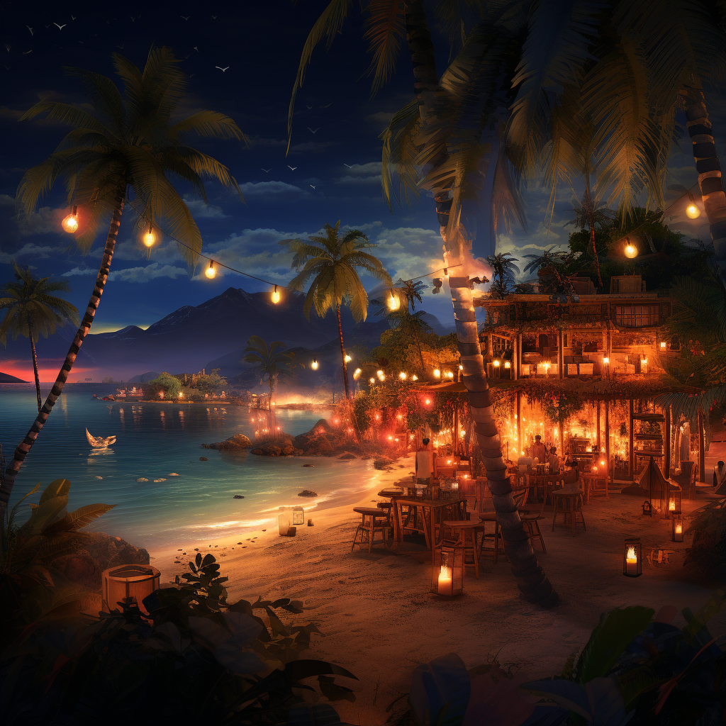 Caribbean beach party illustration night time illumination