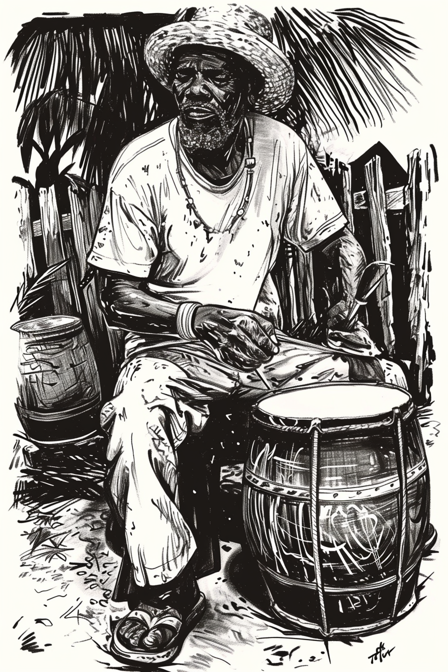 Caribbean man playing bongo in black and white