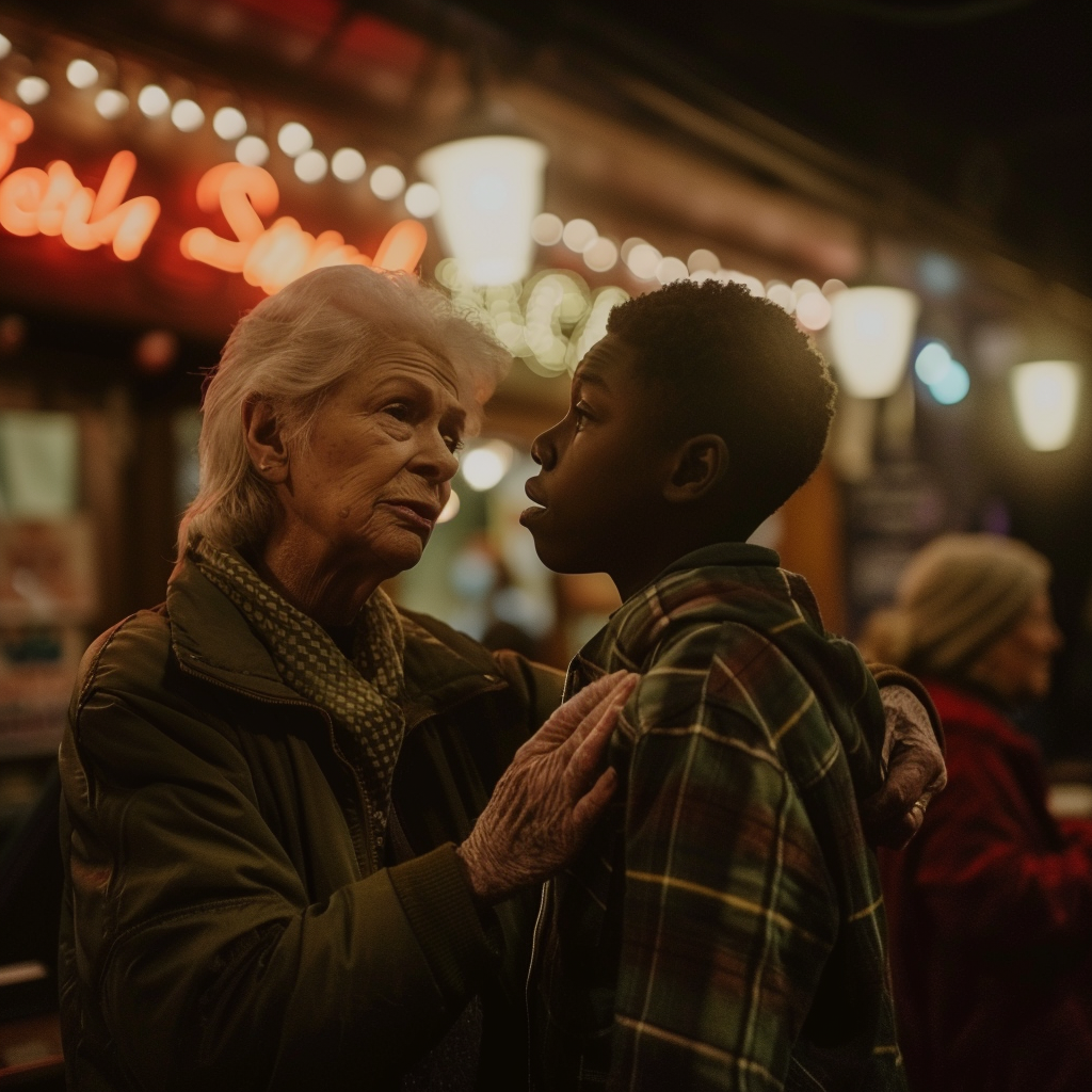 caring elderly woman teen bar outside