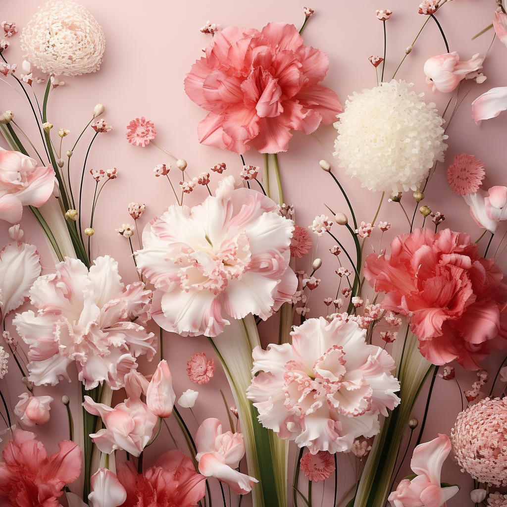 Colorful carnations and delicate snowdrops in bloom