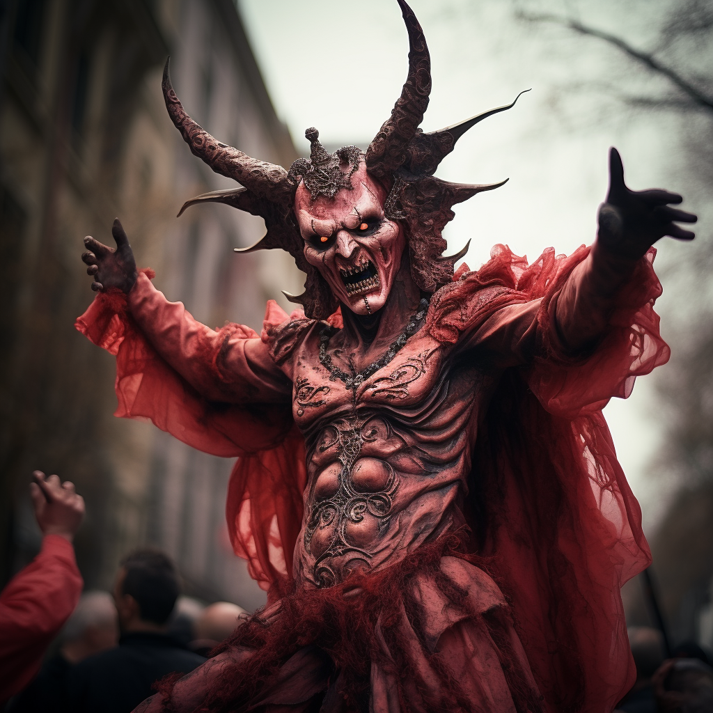 Funny devil in angel costume at carnival