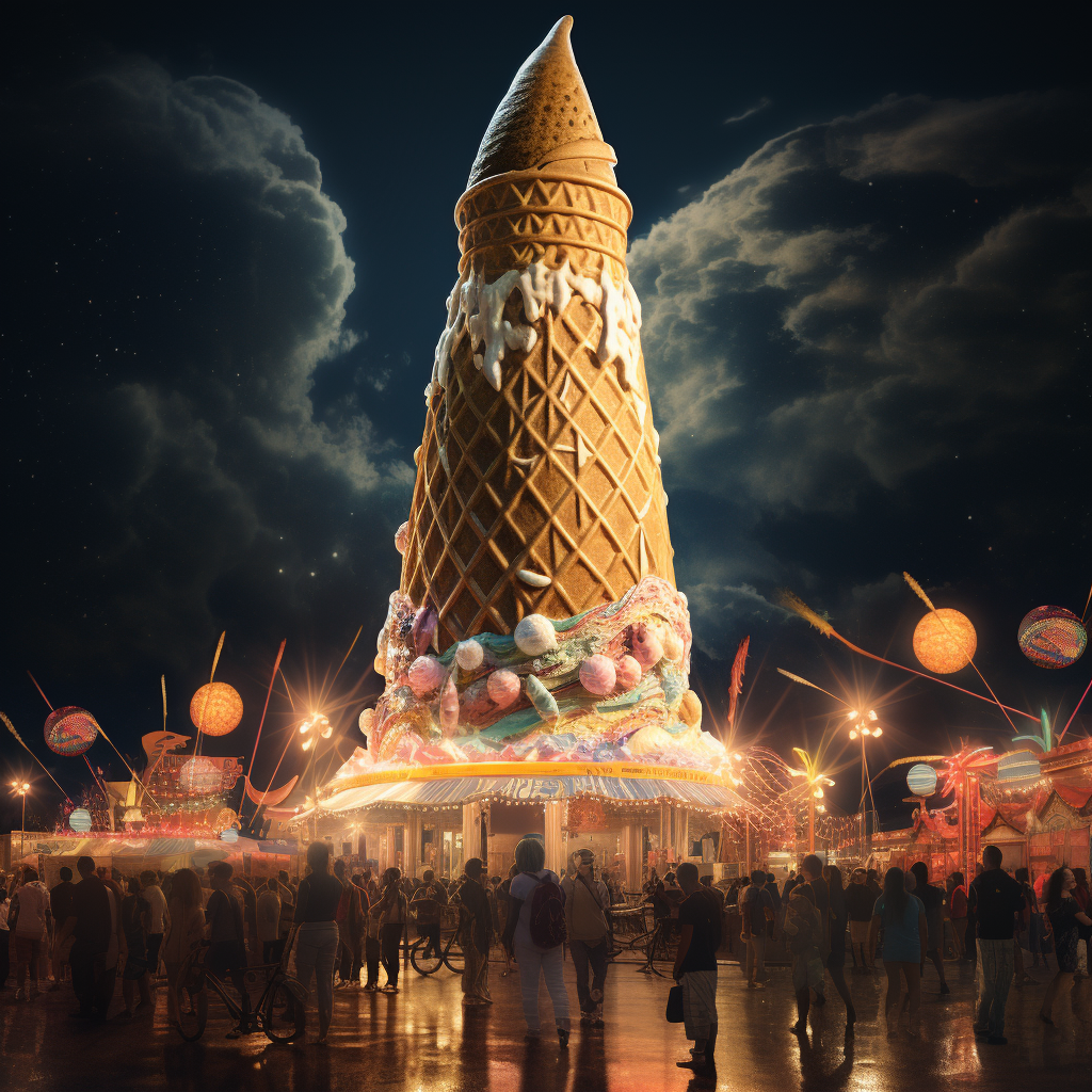 Colorful giant ice cream cone at night