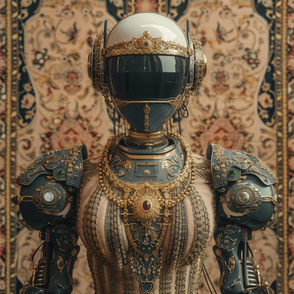 Female robot with jewelry on carpet