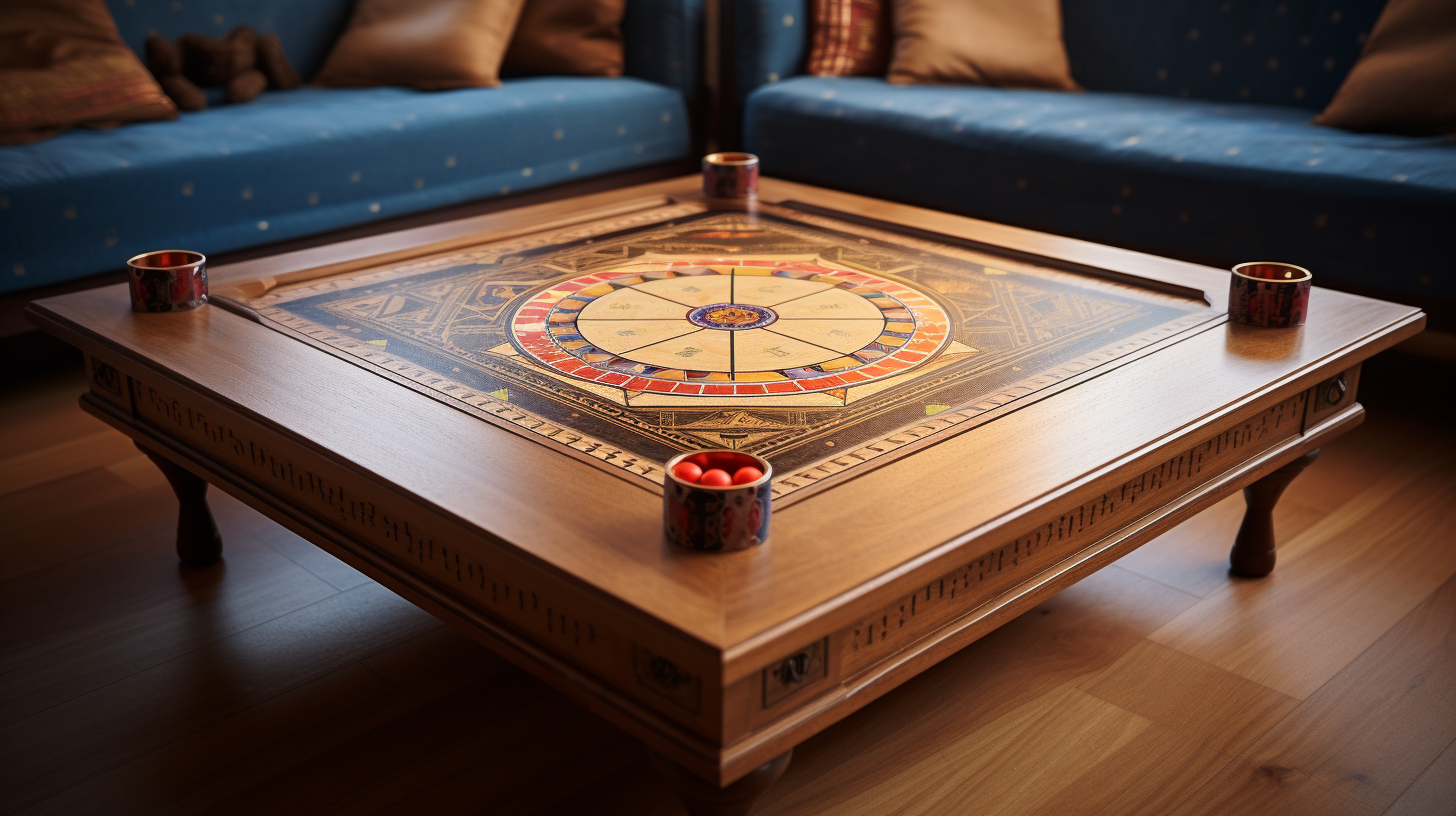 Carrom board and video game controller in a living room