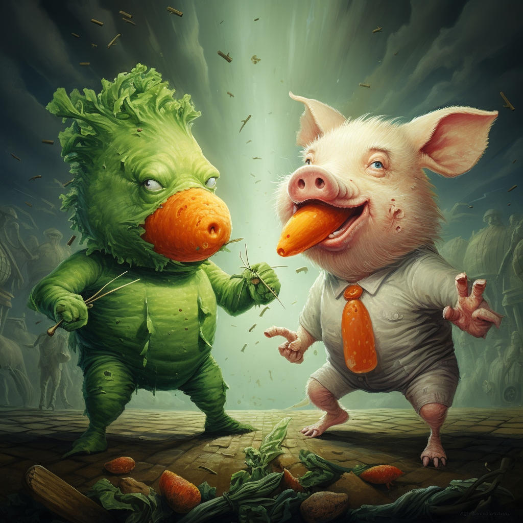 Intense fight between a carrot and a pig