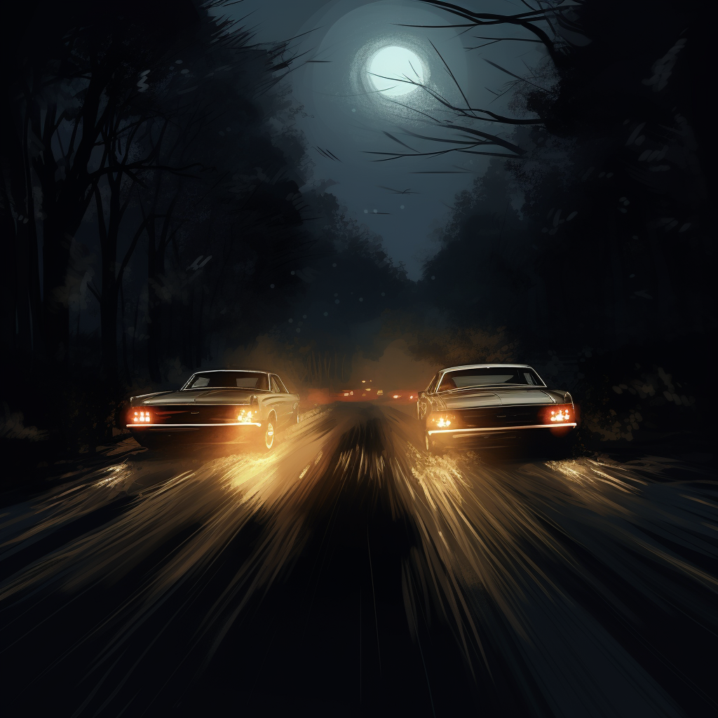 Cars Driving on Country Road at Night