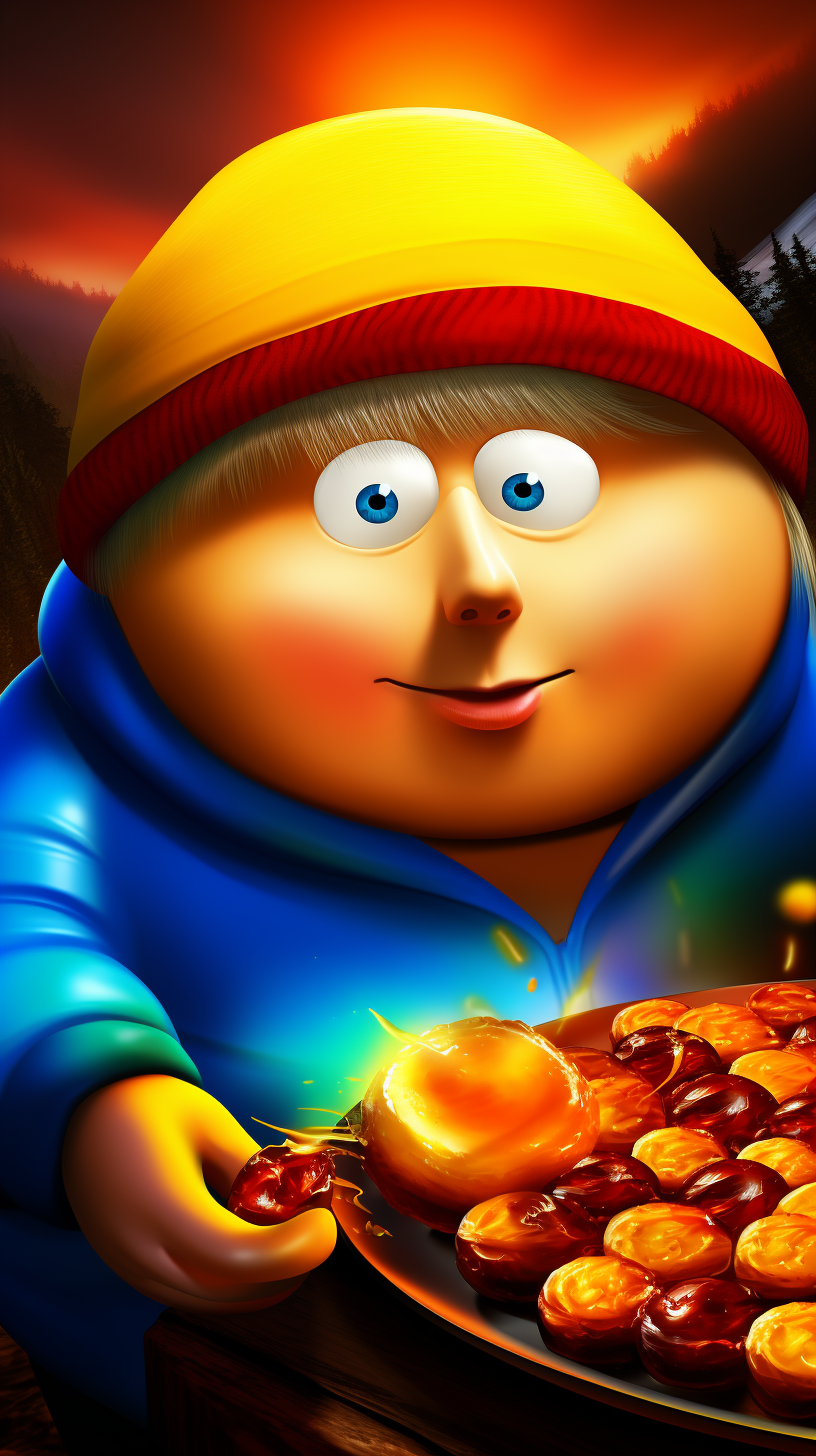 Eric Cartman enjoying Cheesy Poofs snack