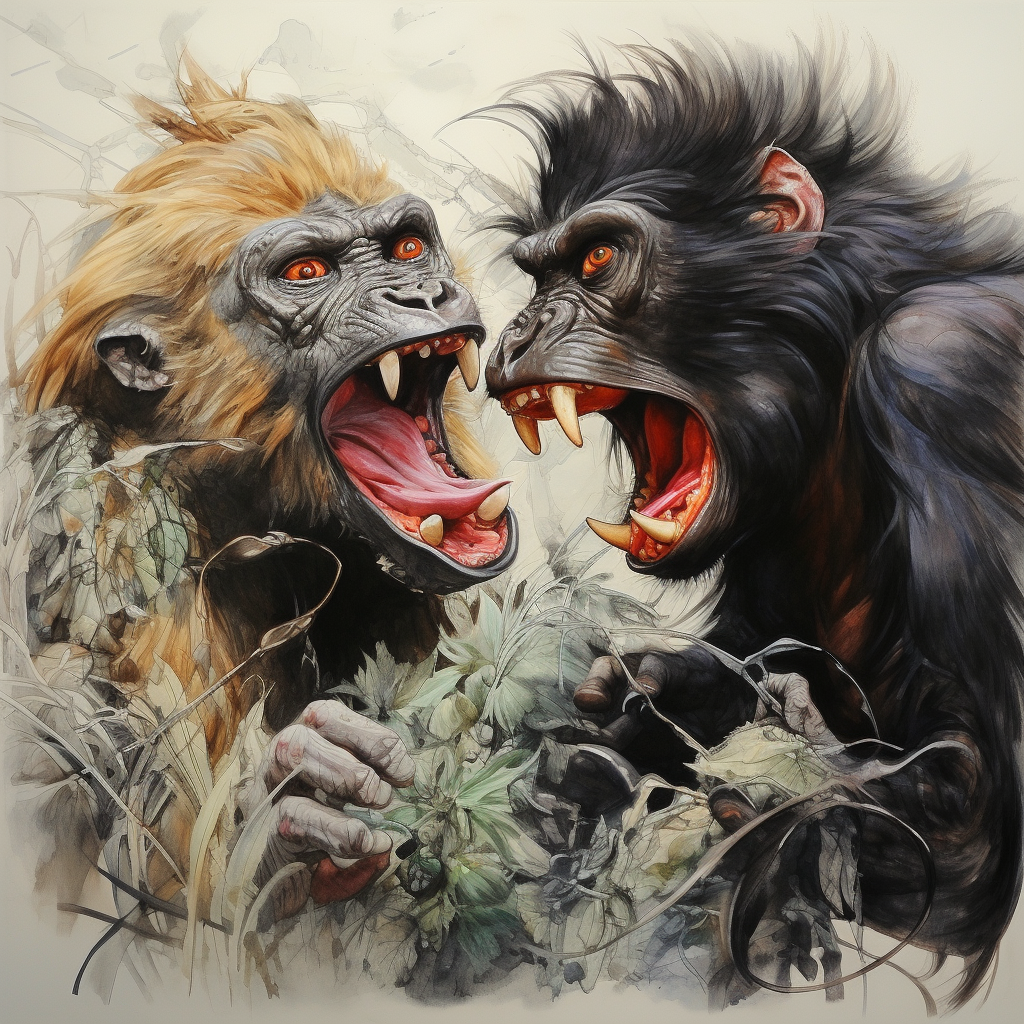 Carton Mandrill Gorilla Fighting in Jungle