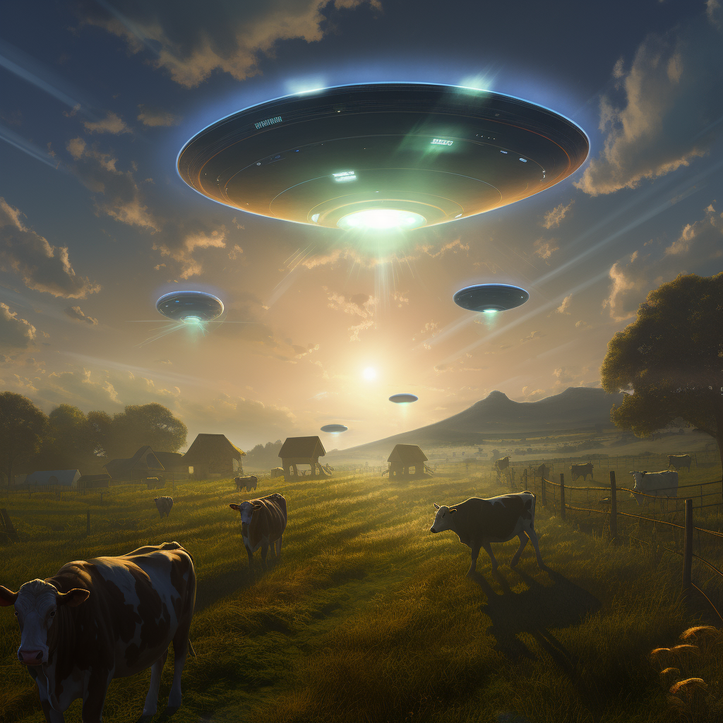 Cartoon Aliens Abducting Cows in Field