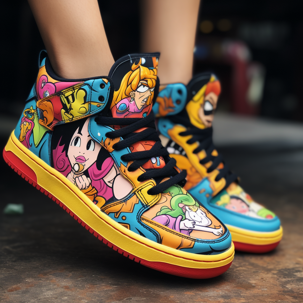 Colorful cartoon anime hand with long painted nails on Jordan's sneakers