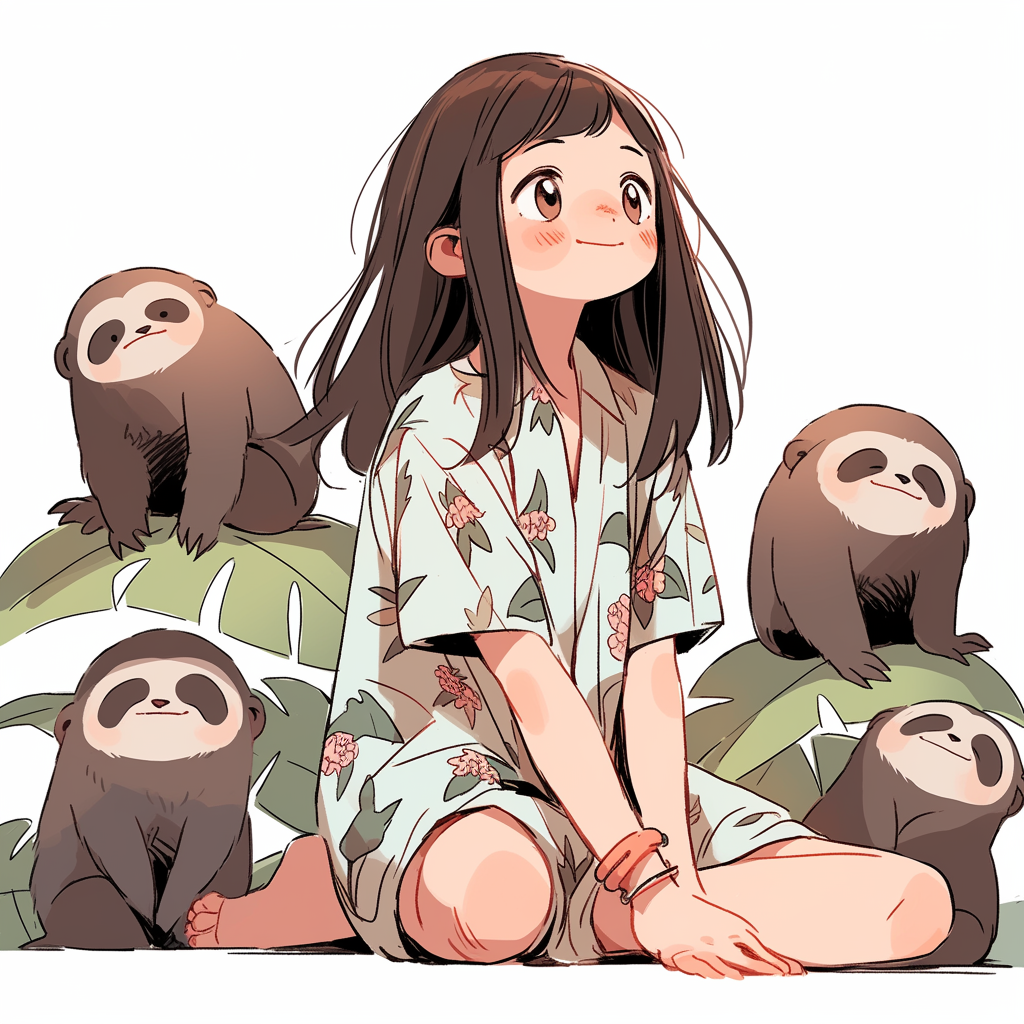 Cartoon anime sloth wearing shirt sitting cute colorful