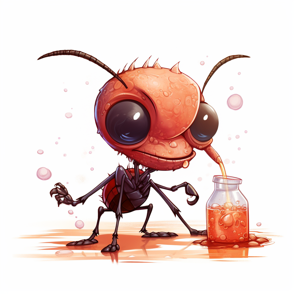 Cartoon ant drinking poison on white background