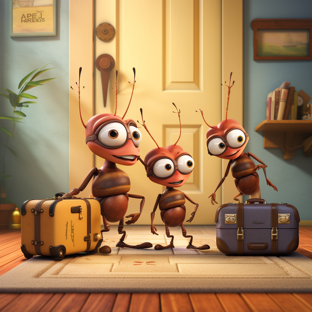 Cartoon ants at front door with suitcases