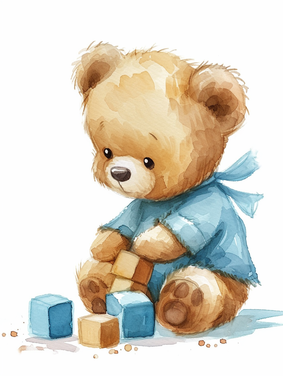 Baby teddy bear playing with cubes