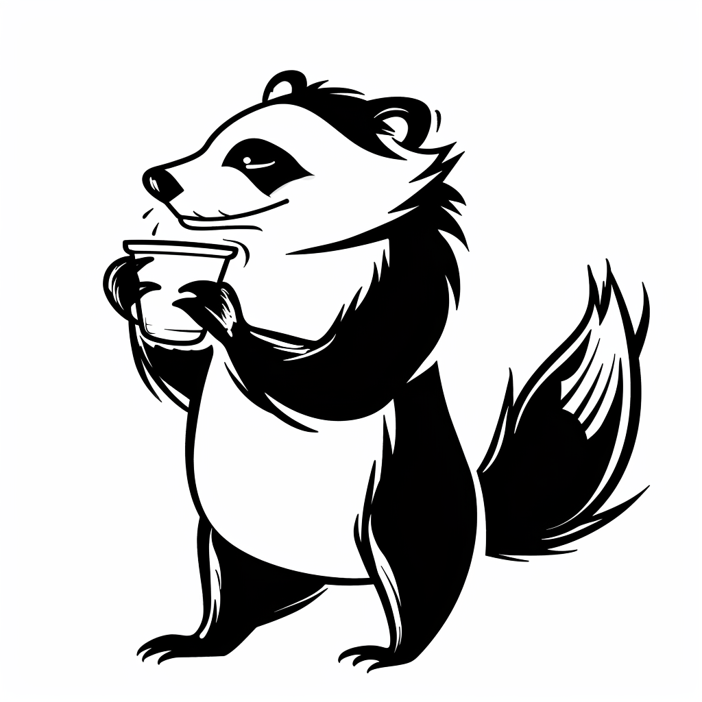 Cartoon badger drinking coffee happily