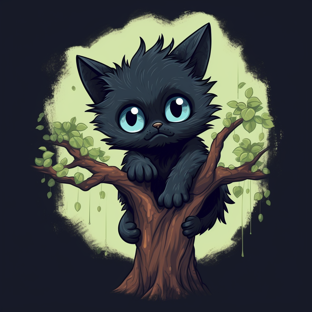 Adorable black kitten clinging to tree