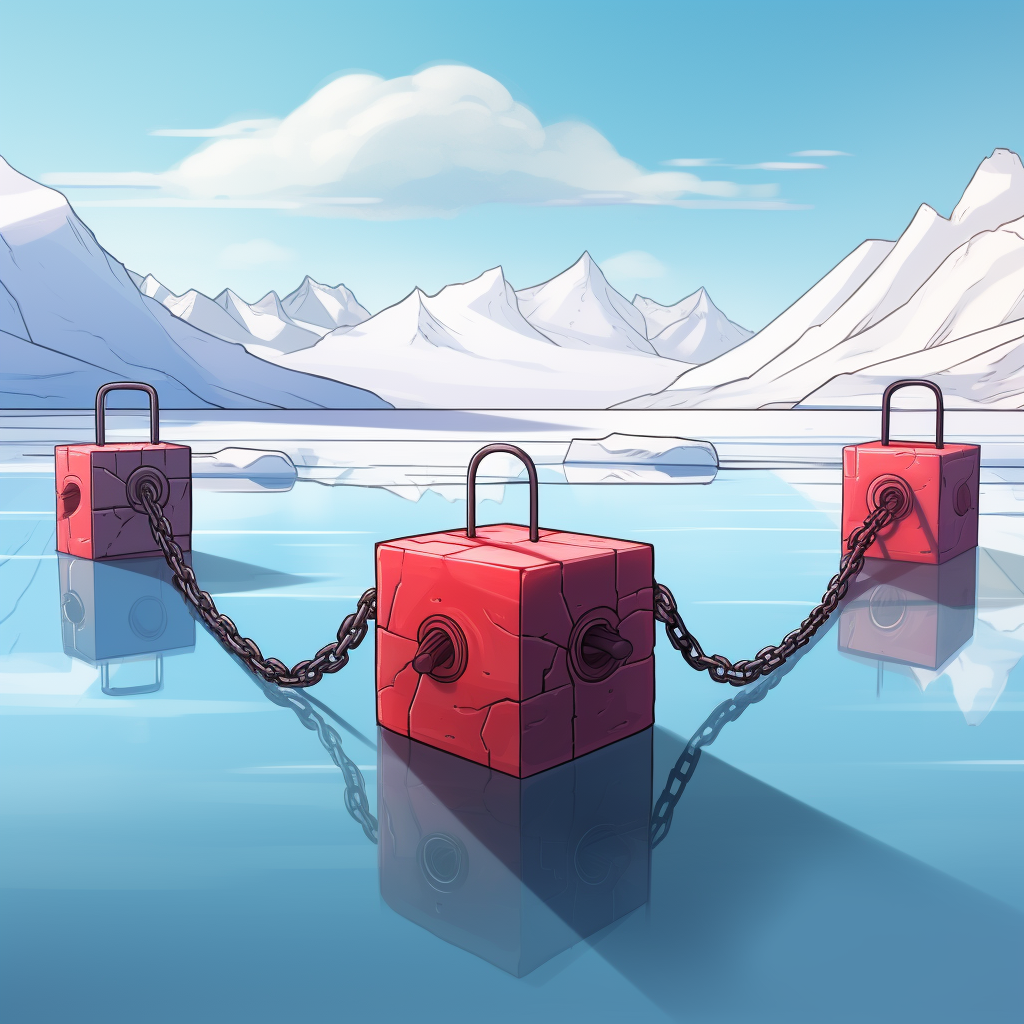 Cartoon blocks of ice on frozen lake and mountains blockchain