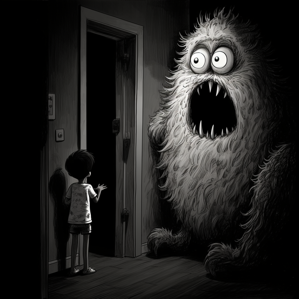 Cartoon boy frightened by closet monster