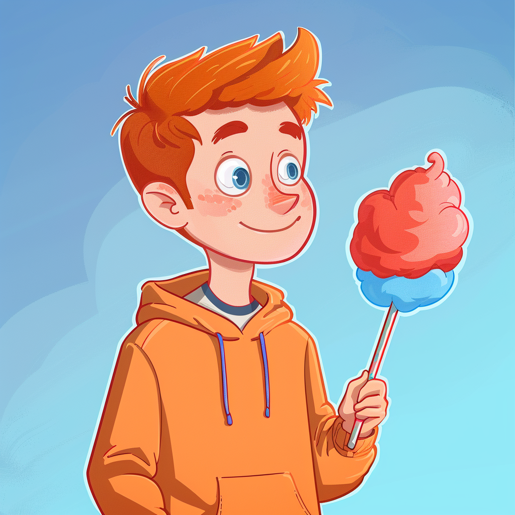 Cartoon boy eating cotton candy