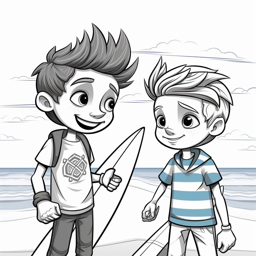 Cartoon boy meeting his surf instructor