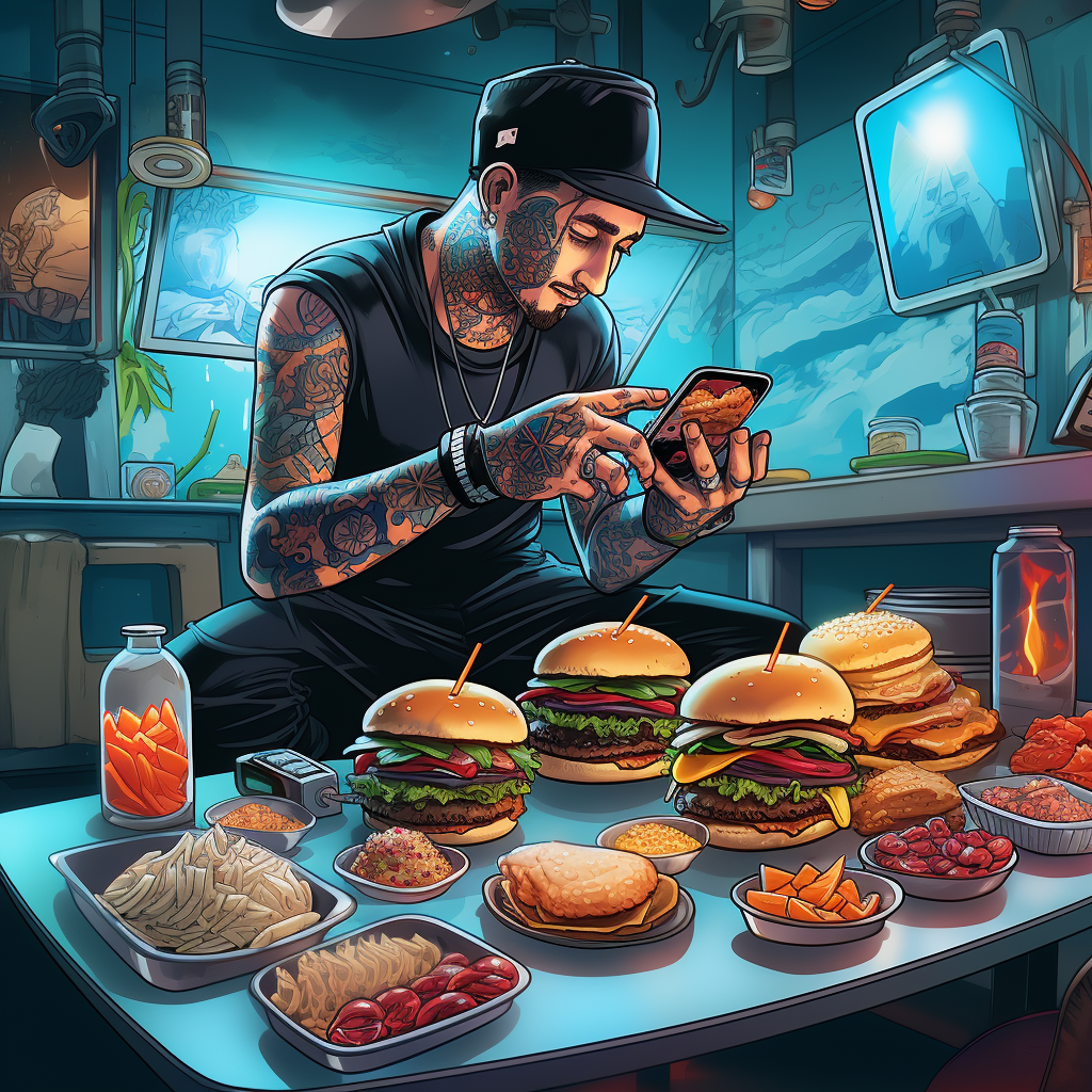 Cartoon boy photographing mouthwatering burgers