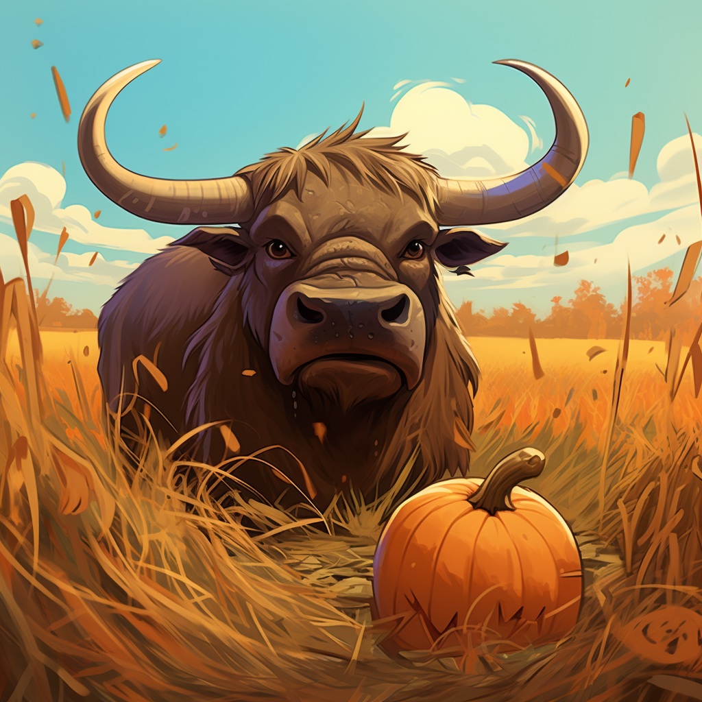 Cartoon buffalo carving pumpkin in grass plain