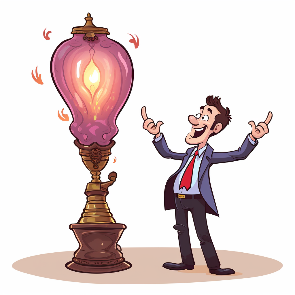 Colorful cartoon businessman talking to lamp genie