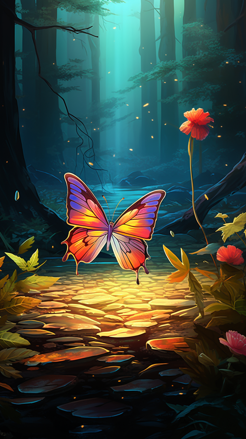 Cartoon butterfly on flower in forest