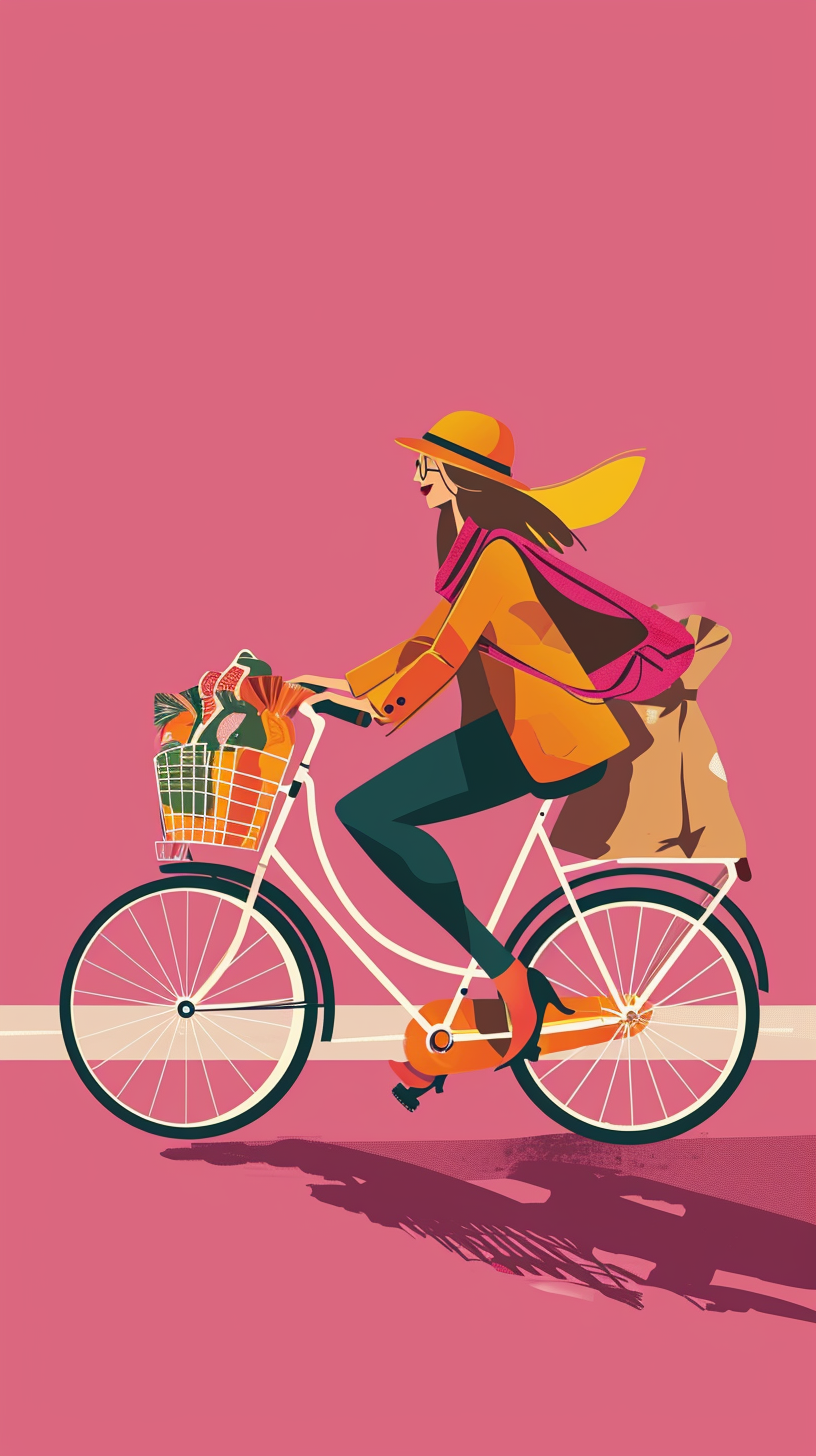 Cartoon character on a bicycle with groceries