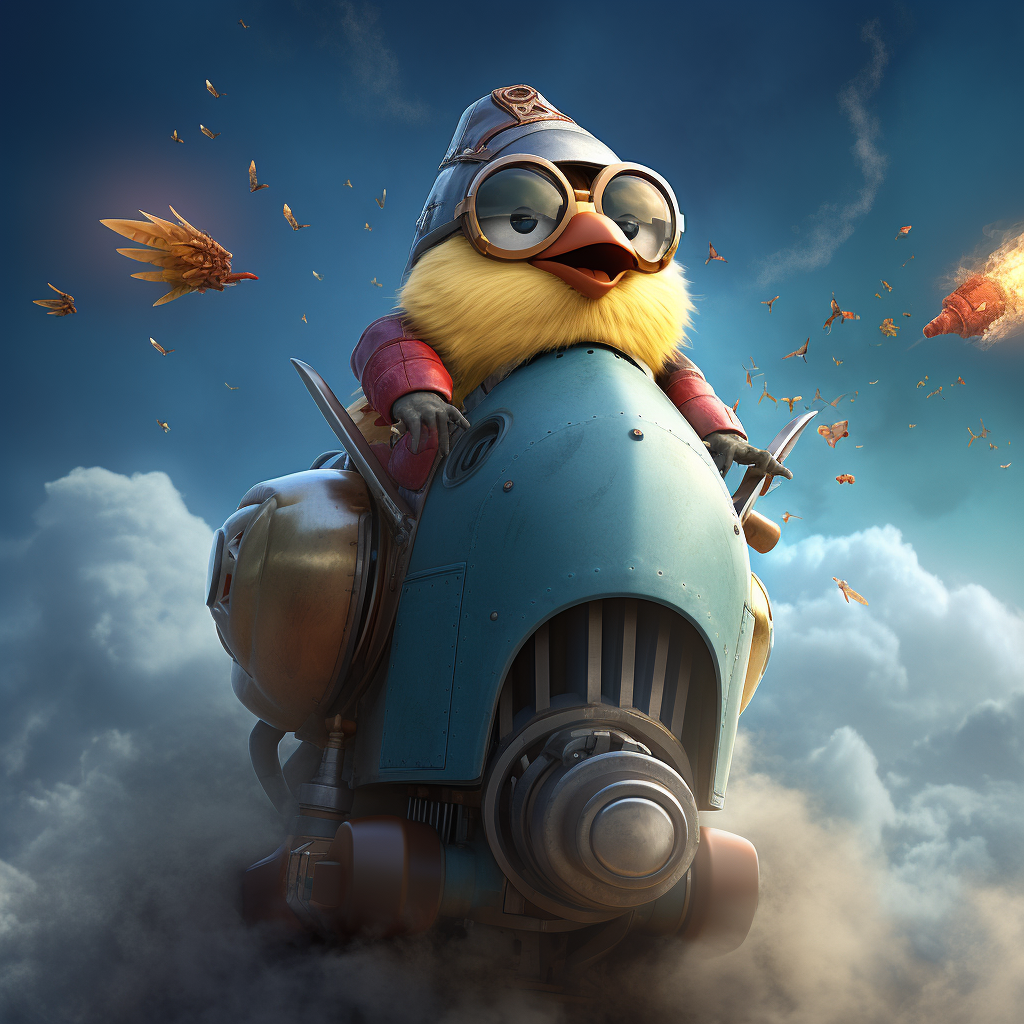 Cartoon chicken sitting on rocket