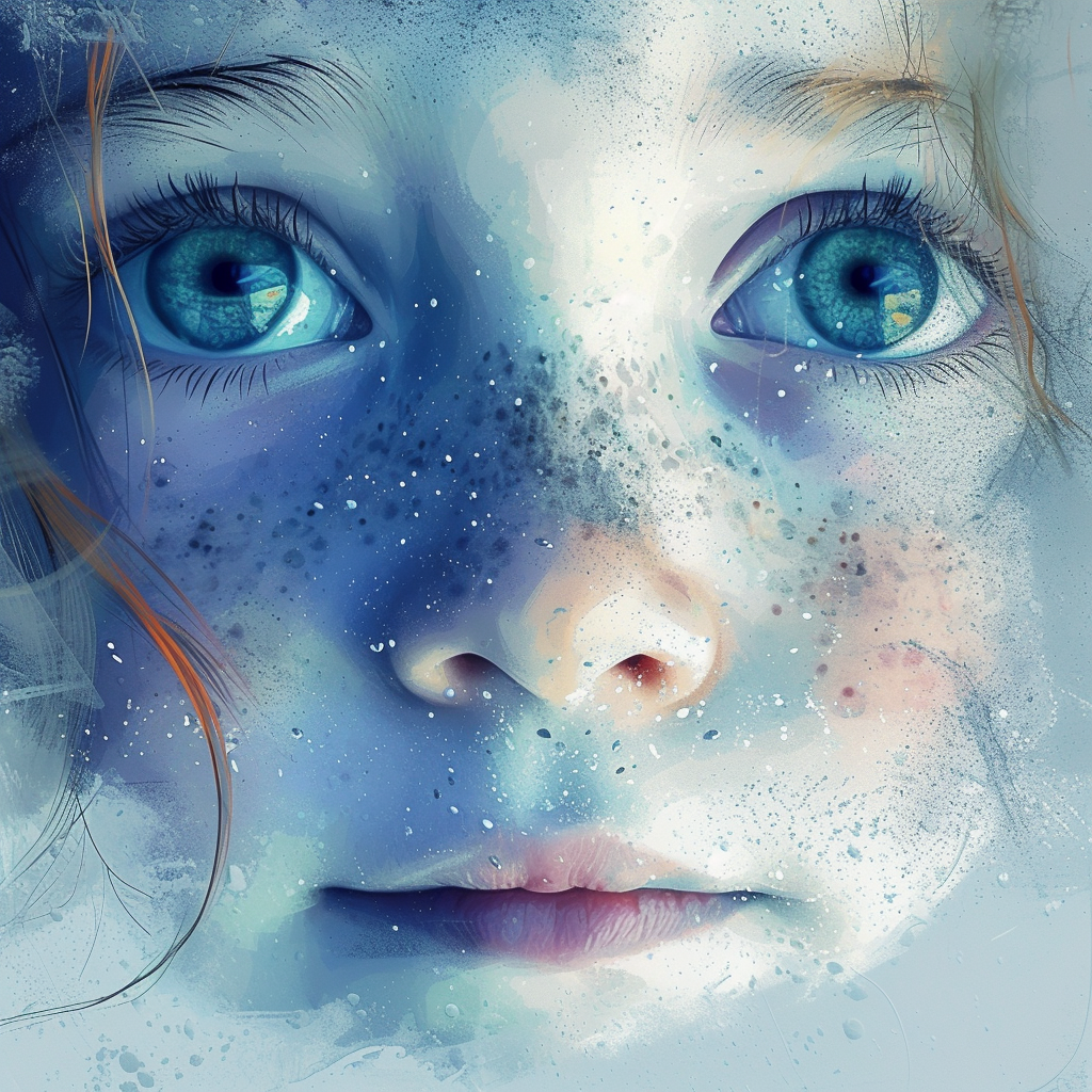 Cartoon Child with Freckles in Indigo