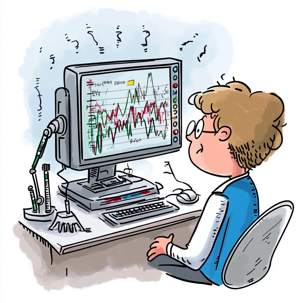 computer analyzing bioinformatics data cartoon