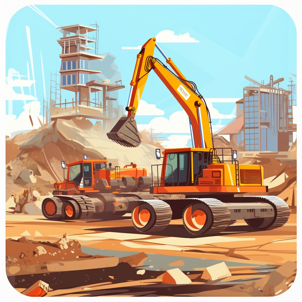 Cartoon construction site workers and foundations