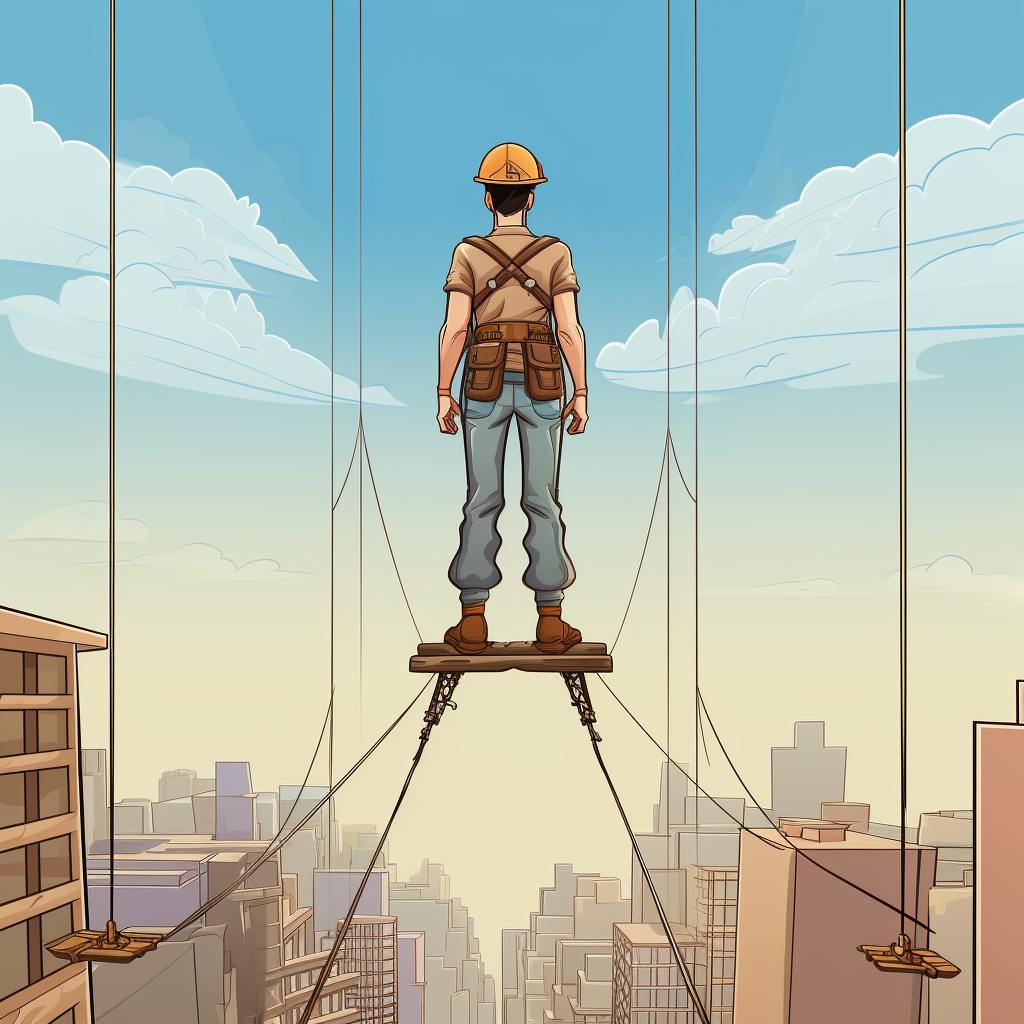 Cartoon construction worker on edge without safety harness