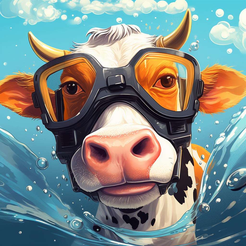 Cartoon cow underwater with dive goggles and snorkel