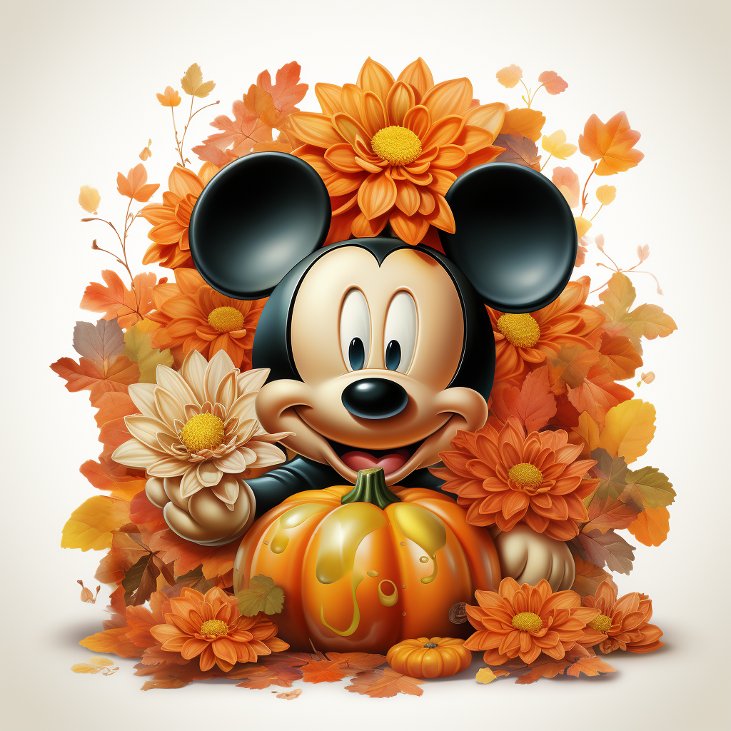 Cartoon of cute Mickey Mouse with flowers and pumpkins