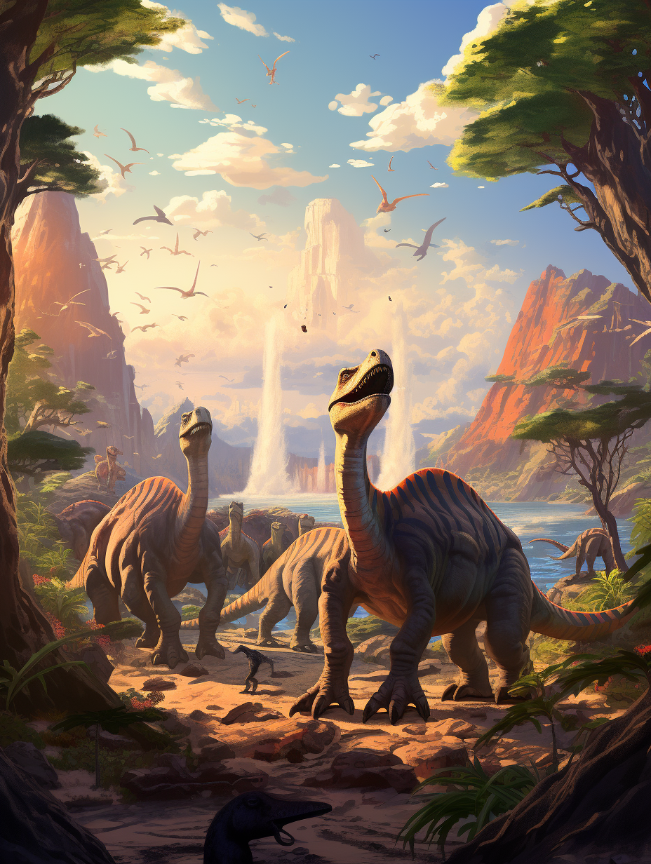 Colorful cartoon dinosaurs playing together