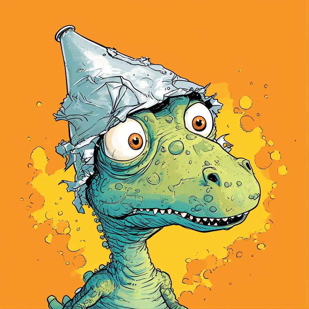 Cartoon dinosaur wearing tin foil hat