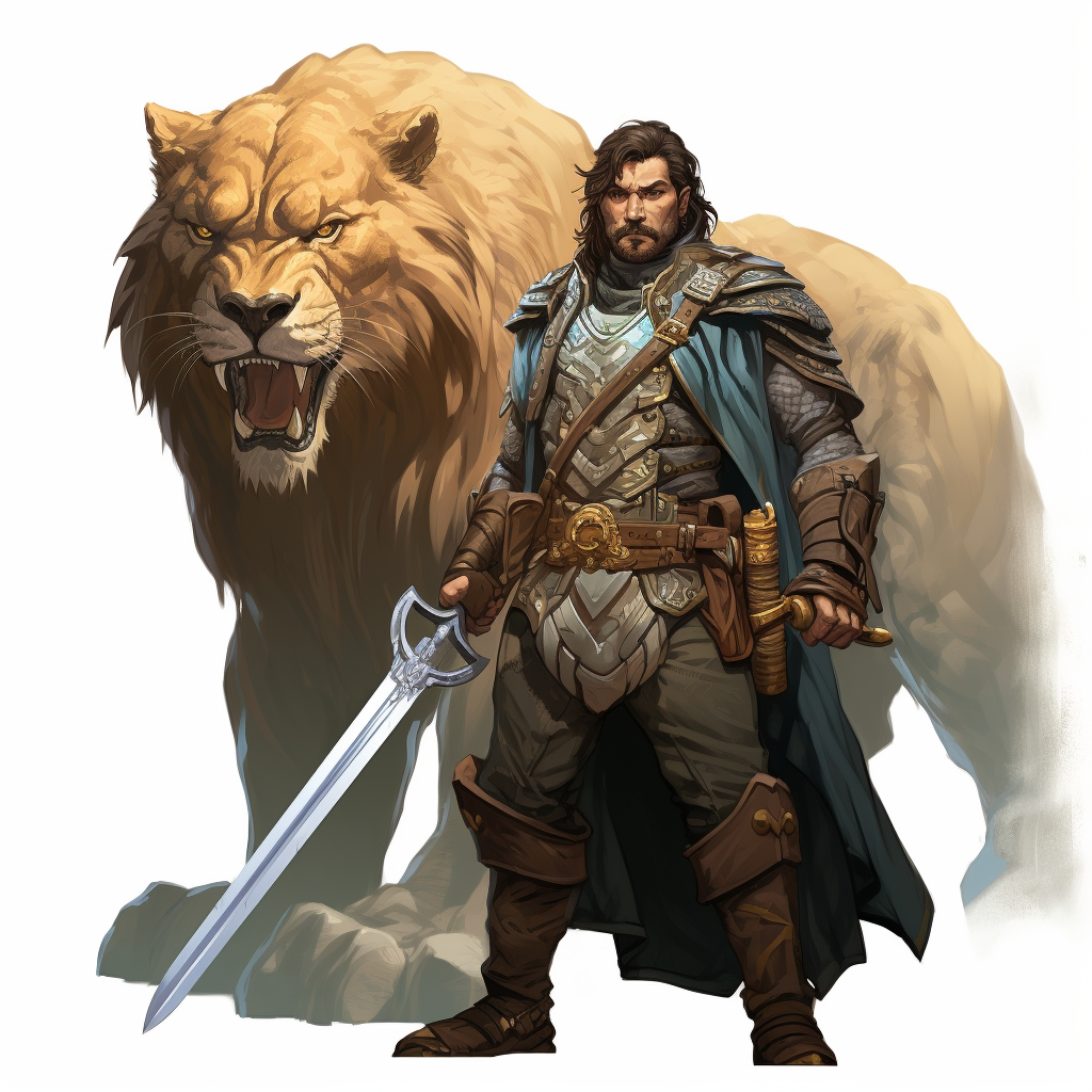 Cartoon DnD ranger with greatsword and smilodon companion