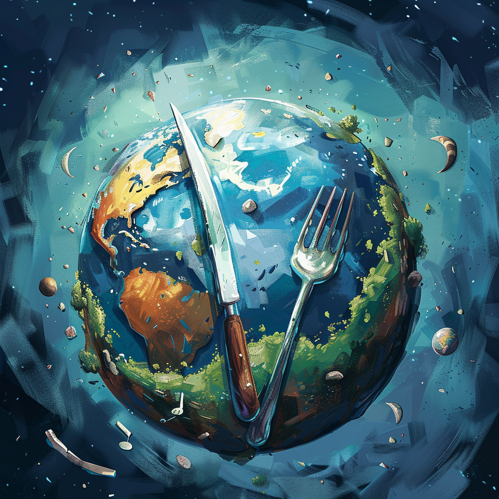 Floating fork and knife around Earth